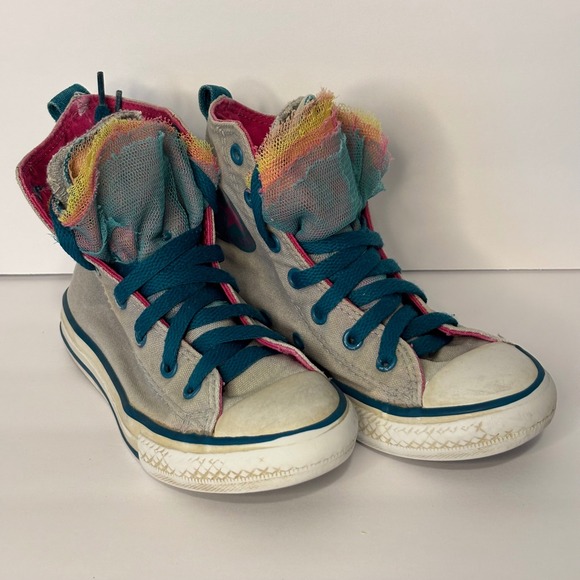 Converse All Star Girls Kids 12 High Top Sneakers Gray Teal Pink‎ Rainbow Tulle - Picture 1 of 10